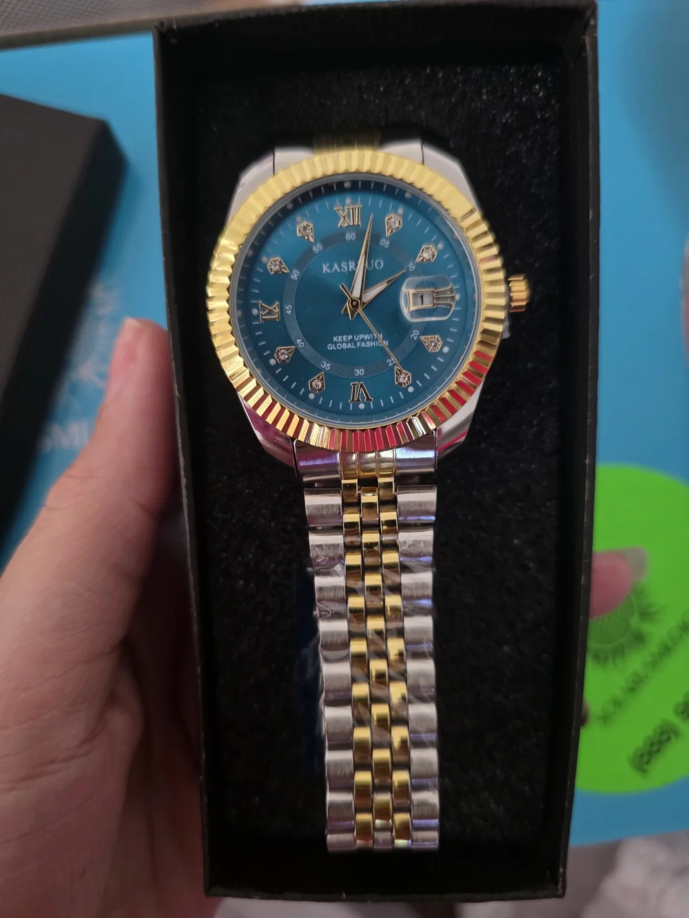 Men's Two-Tone Gold & Silver Watch with Blue Dial